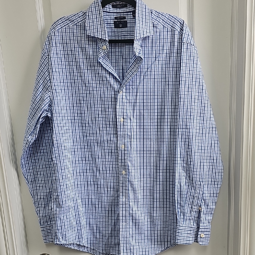 Blue Casual Button Down Shirt with Checkered Pattern